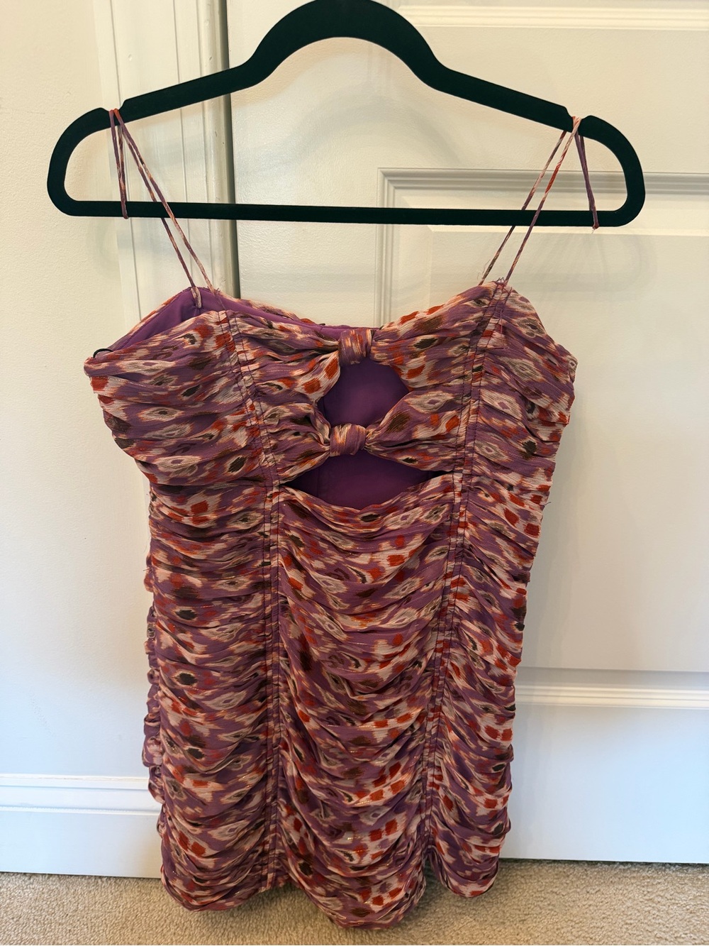 Ruched Purple Print Spaghetti Strap Women's dress